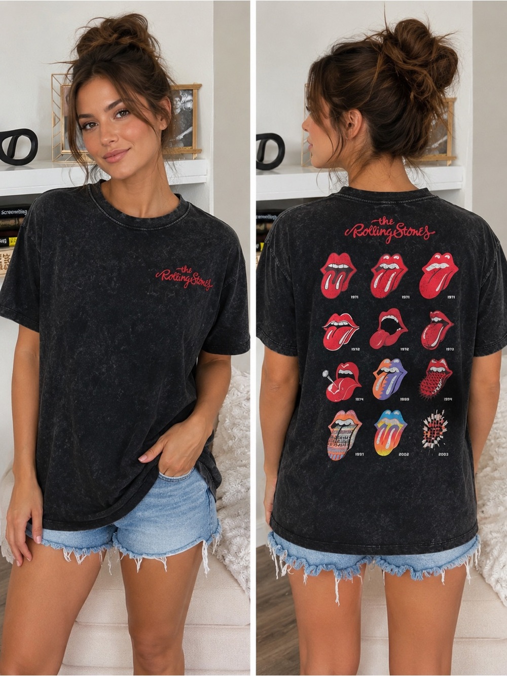 the Rolling Stones Black Long Sleeve Tee with Red & Multicolor Tongues